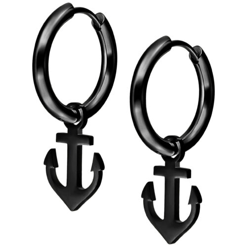Small Silver Hoop Earrings With Charm Anchor - Black Metal