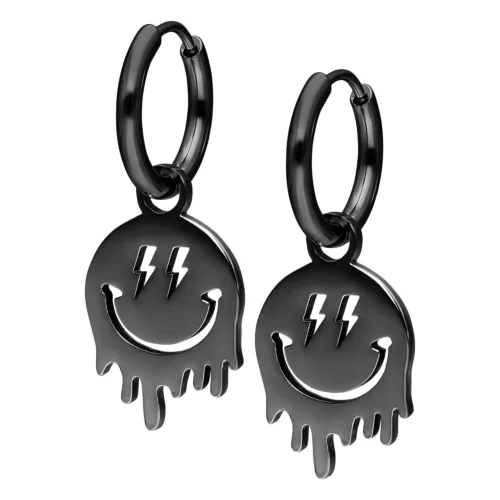Acid Dangle Smiley Hoops - Black Metal