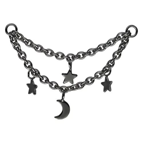 Moon & Stars Piercing Connection Double Chain<!--63bc0c8f603cb--> - Black Metal