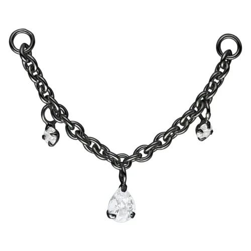 Crystal Dangling Teardrops Piercing Connector Chain - Black Metal
