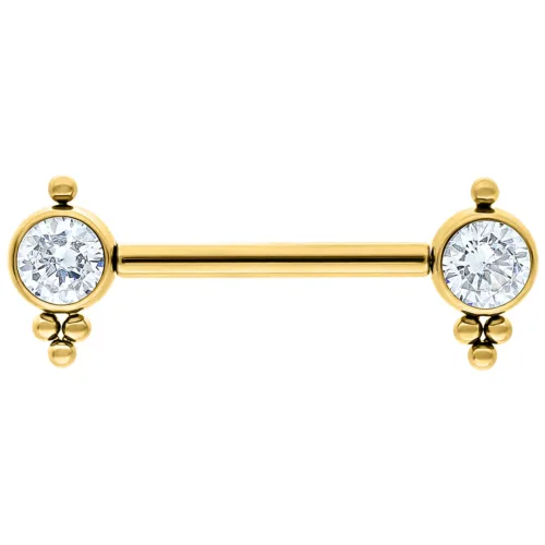 Goldene Barbell aus Titan mit klaren Kristallen auf weißem Hintergrund, Länge 12mm