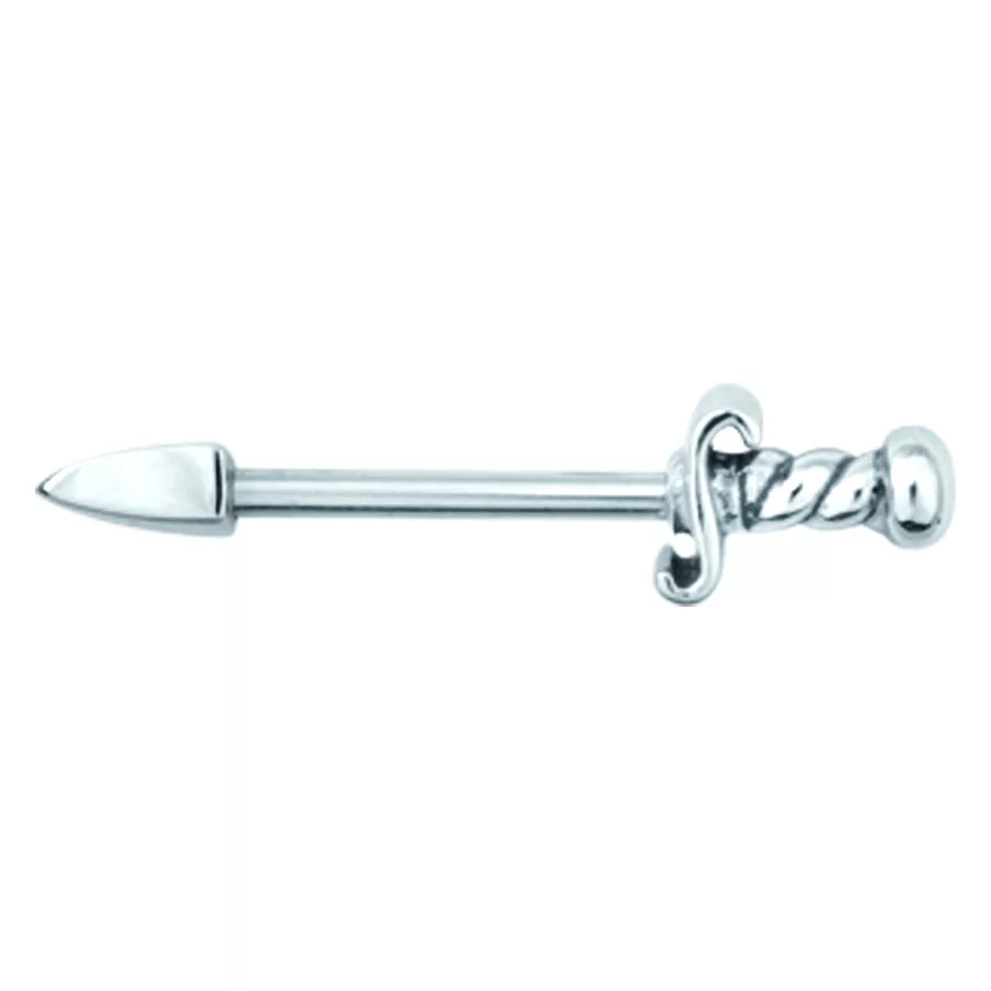 Silberner Nippel Barbell mit Dolch-Design auf weißem Hintergrund