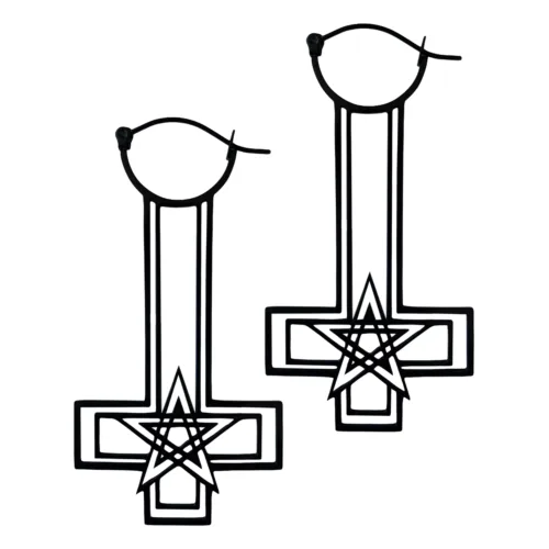 Black Upside Down Cross Earrings with Pentagram