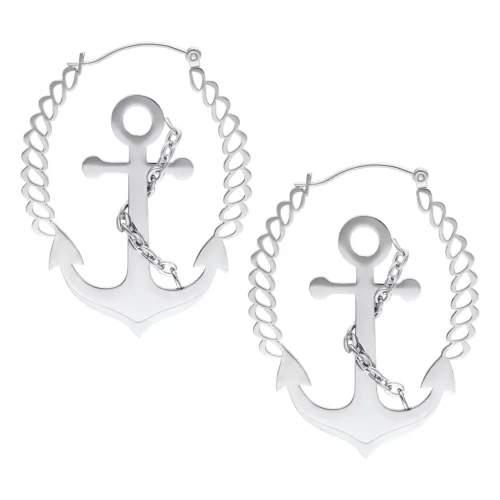 Silver Anchor Earrings with Chain Rope