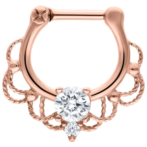 Roségoldener Septum Clicker mit klaren Kristallen auf weißem Hintergrund