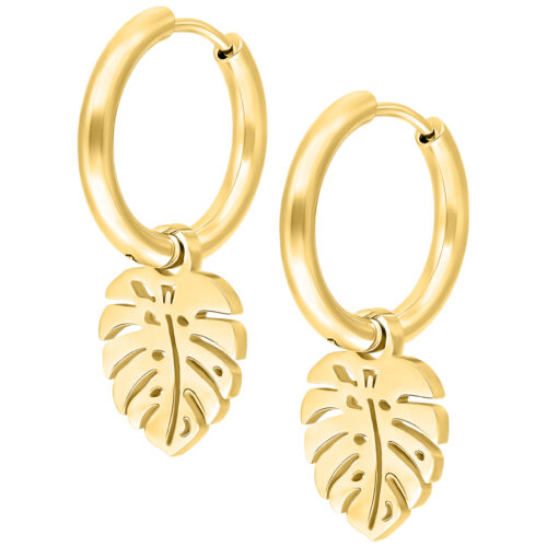 Little Monstera Leaf Hoop Earrings<!--6357dd9b04c11--> - Golden Metal