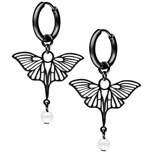 Little Synthetic Pearl Dragonfly Hoops - Black Metal