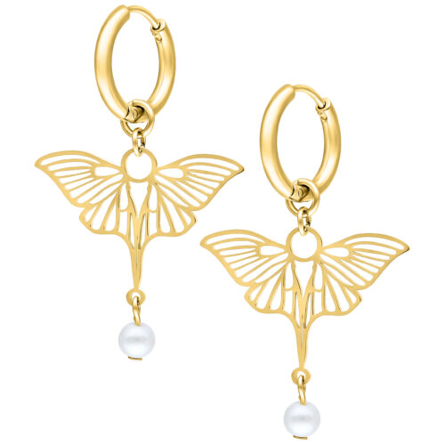 Little Synthetic Pearl Dragonfly Hoops - Golden Metal