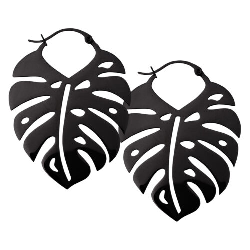 Monstera Leaf Hoop Earrings - Black Metal