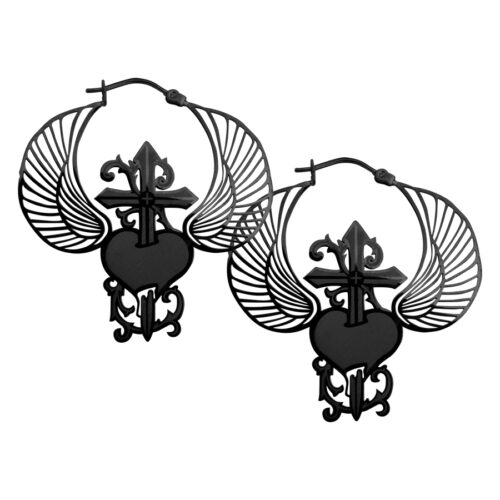 Winged Heart Dagger Hoop Earrings - Black Metal