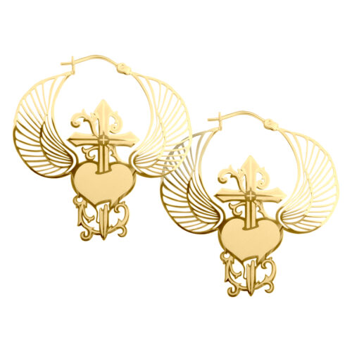 Winged Heart Dagger Hoop Earrings - Golden Metal