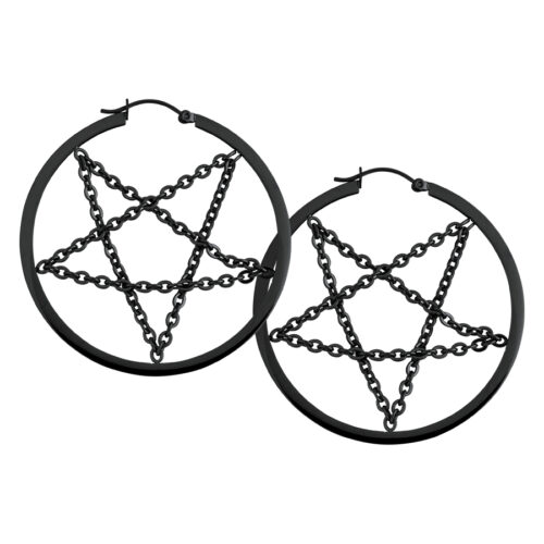 Pentagram Chain Hoop Earrings - Black Metal