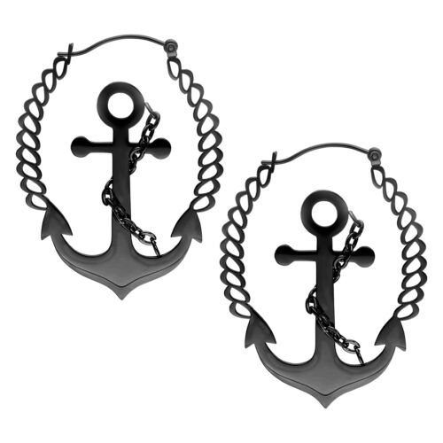 Silver Anchor Earrings with Chain Rope - Black Metal
