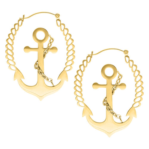 Silver Anchor Earrings with Chain Rope - Golden Metal