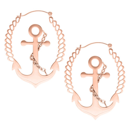 Silver Anchor Earrings with Chain Rope - Rosegold