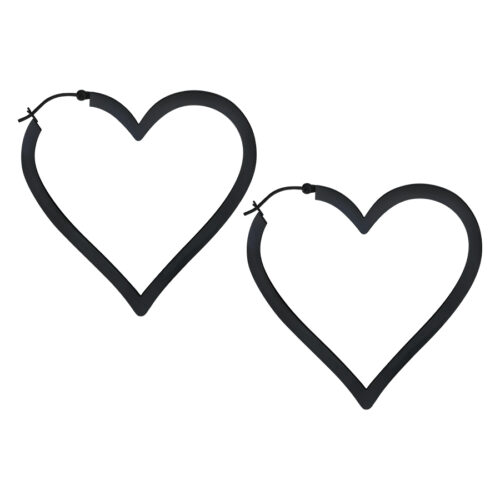 Silver Heart Hoop Earrings - Black Metal