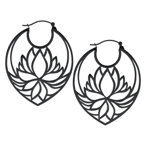 Silver Lotus Flower Earrings - Black Metal
