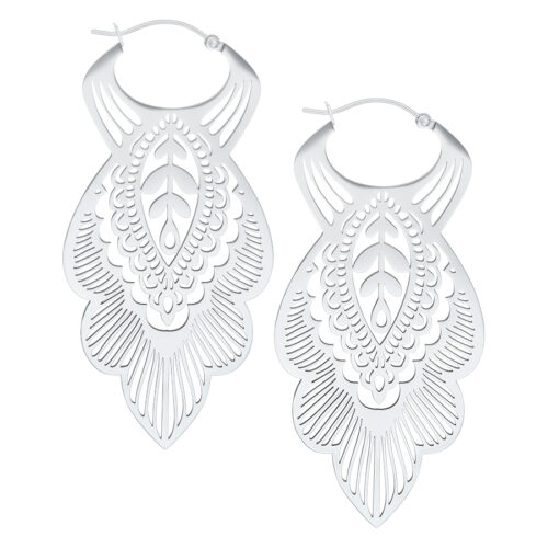 Mandala Leaf Hoop Earrings - Silvercoloured Metal