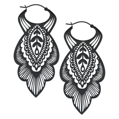 Mandala Leaf Hoop Earrings - Black Metal