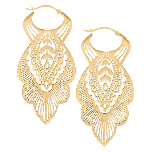 Mandala Leaf Hoop Earrings - Golden Metal