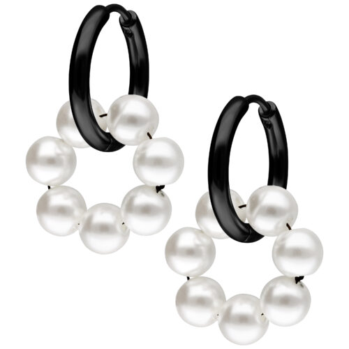 Little Synthetic Pearl Circle Hoops - Black Metal