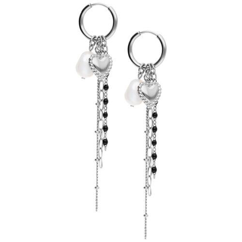 Bubble Heart Hoops with Synthetic Pearl - Silvercoloured Metal