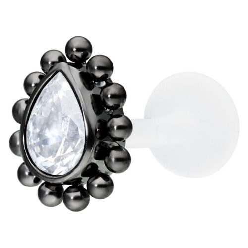 Crystal Teardrop Screwing Labret Stud<!--6357dadef26a7--> - Black Metal