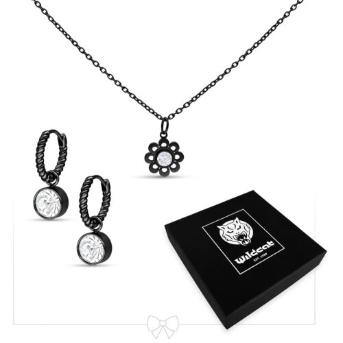 Crystal Flower Necklace with Hoops Set - Black Metal