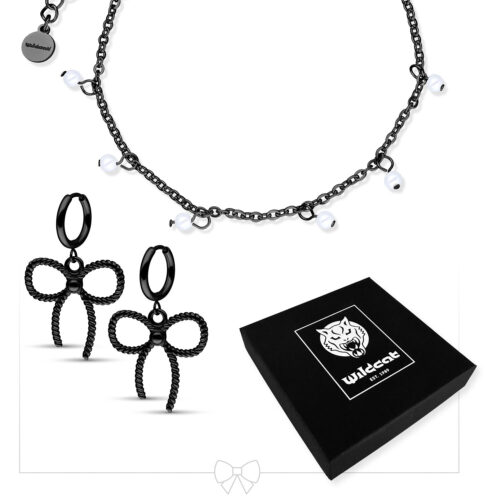 Little Synthetic Pearl Bracelet with Twisted Bow Hoops Set - Black Metal