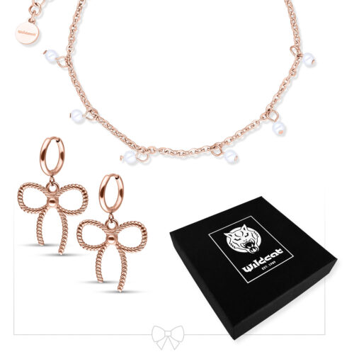 Little Synthetic Pearl Bracelet with Twisted Bow Hoops Set - Rosegold