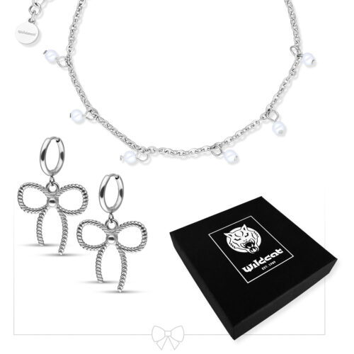 Little Synthetic Pearl Bracelet with Twisted Bow Hoops Set