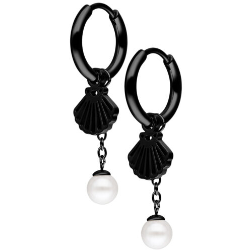 Mini Shell with Synthetic Pearl Hoops Pair - Black Metal
