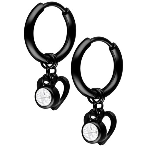 Mini Heart with Crystal Hanger Hoops Pair - Black Metal