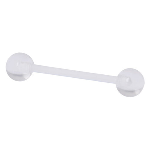 Transparenter Barbell aus PTFE mit klaren Kugeln auf weißem Hintergrund