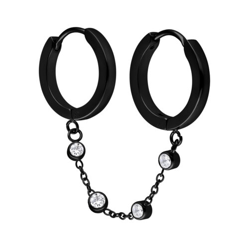 Double Huggie Connected Crystal Chain Hoops - Black Metal