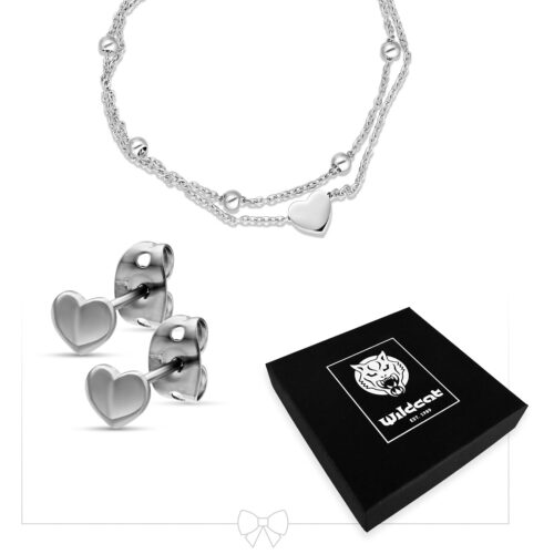 Little Heart Bracelet Double Row with Earstuds Set - silver-metal