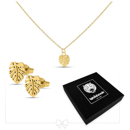 Monstera Leaf Necklace with Earstuds Set - Golden Metal