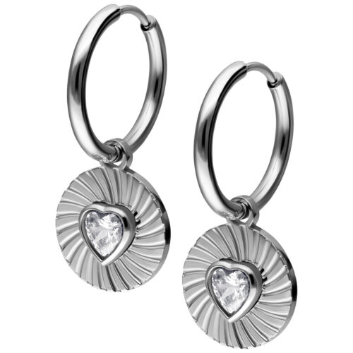 Little Crystal Riffled Heart Hoops Pair - Silvercoloured Metal