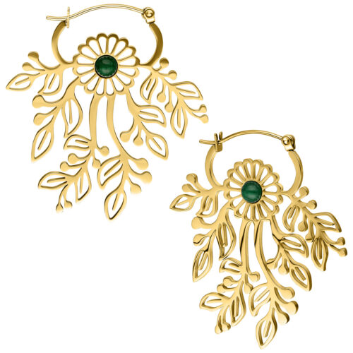 Enchanted Moss Agate Hoops Pair - golden-metal